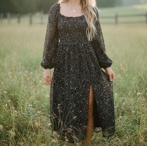 ASTR Black and Purple Floral Long Sleeve Ethereal Dress